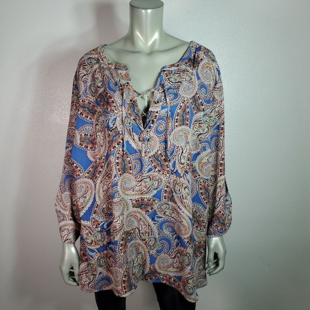 Faded Glory Top Plus Size 3X 22/24W Paisley Lace Up Tab Sleeve Lightweight Blue - Picture 2 of 5
